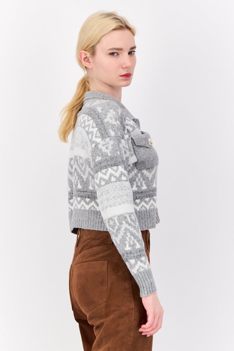 Pink Rose Women Spread Collar Knitted Cardigan, Light Grey - Image 2